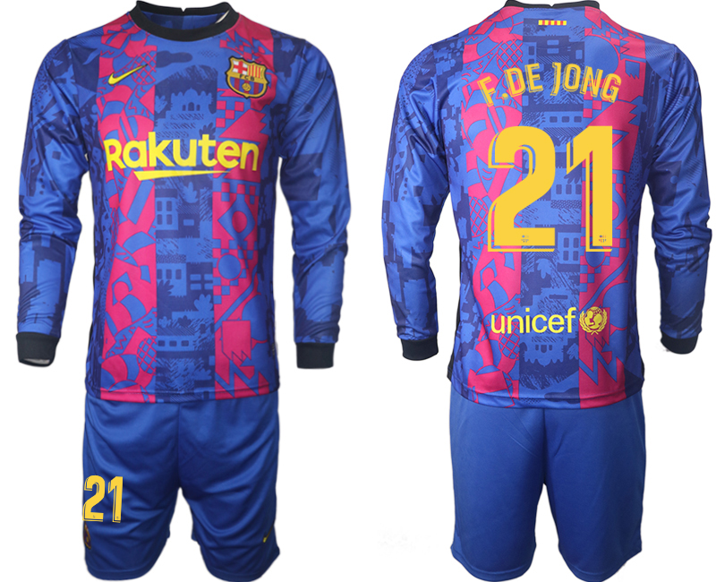 Men 2021-2022 Club Barcelona Second away blue Long Sleeve #21 Soccer Jersey